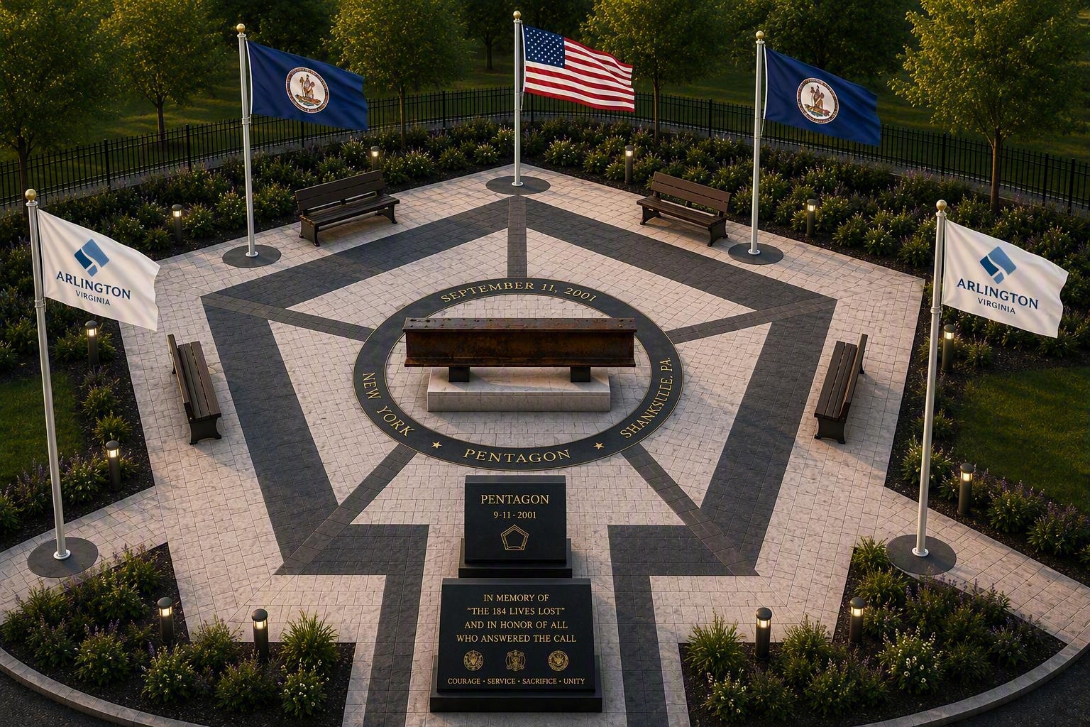 Aerial rendering of the proposed 9/11 Responder Memorial plaza: a pentagon-shaped paver plaza with a commemorative ring reading September 11, 2001 — New York, Pentagon, Shanksville, PA — surrounding a World Trade Center steel beam, with a Pentagon marble marker inscribed In memory of the 184 lives lost and in honor of all who answered the call, memorial benches, flagpoles flying the United States, Virginia, and Arlington County flags, and landscaped gardens.
